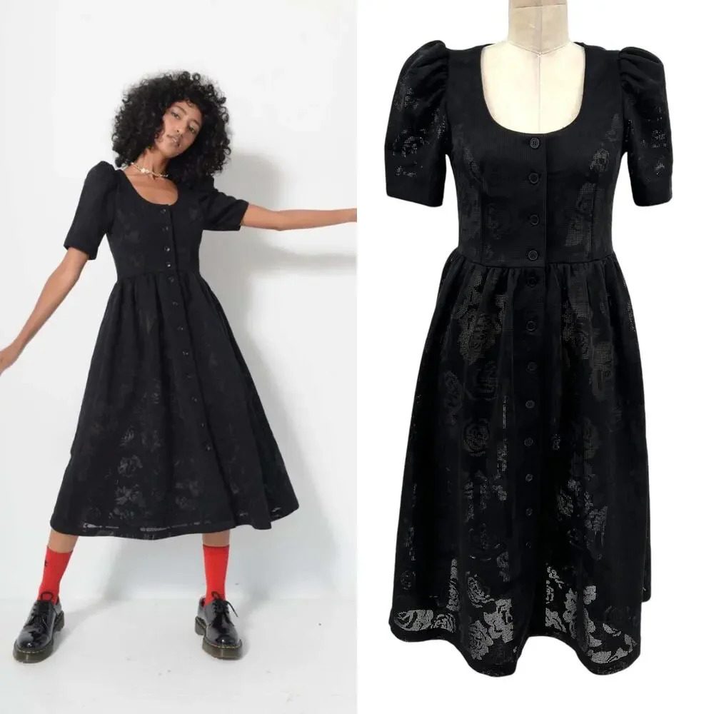 Kurt Lyle Malia Dress Black Lace Puff Sleeve Button‎ Front Size Small